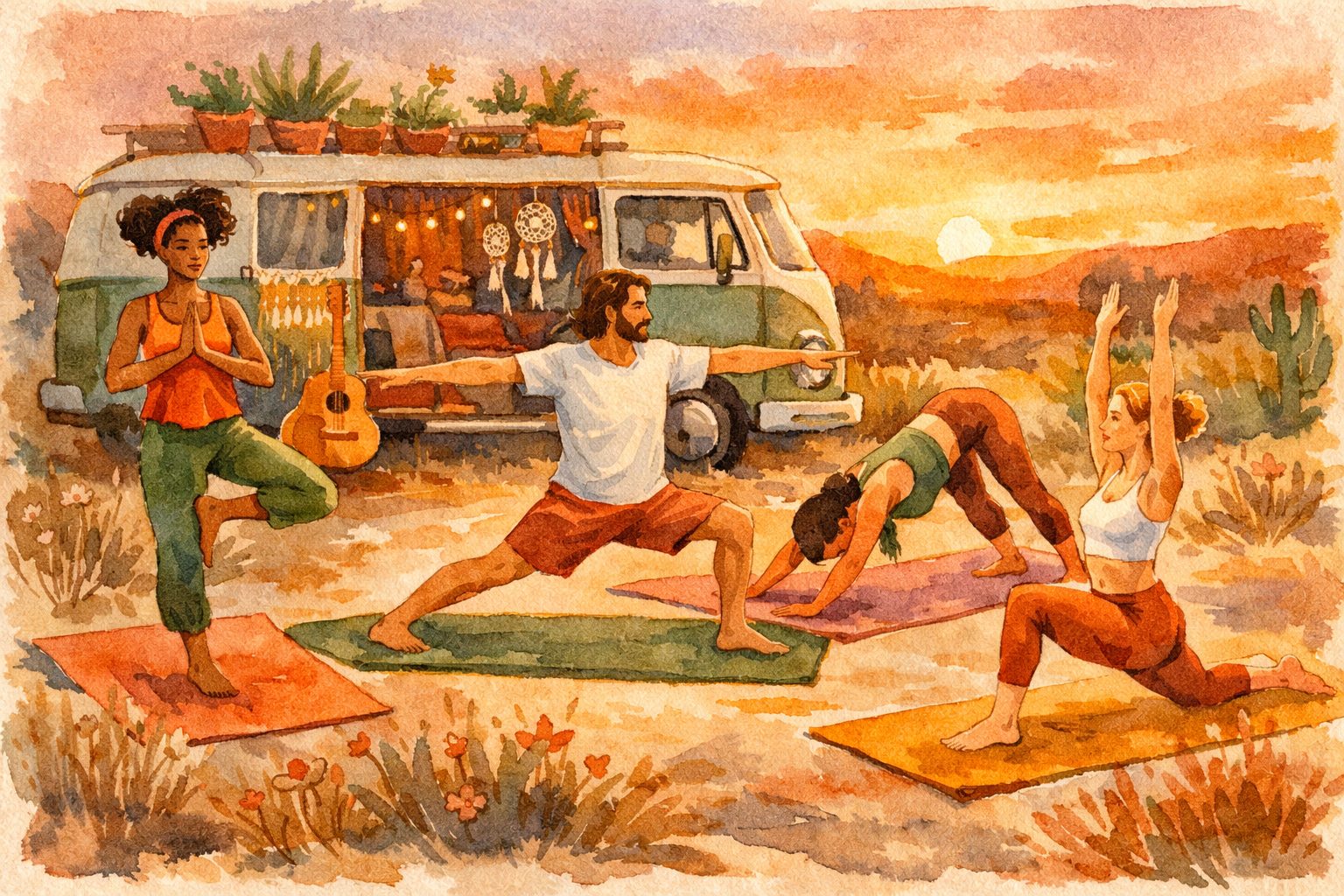 Yoga practice by the van
